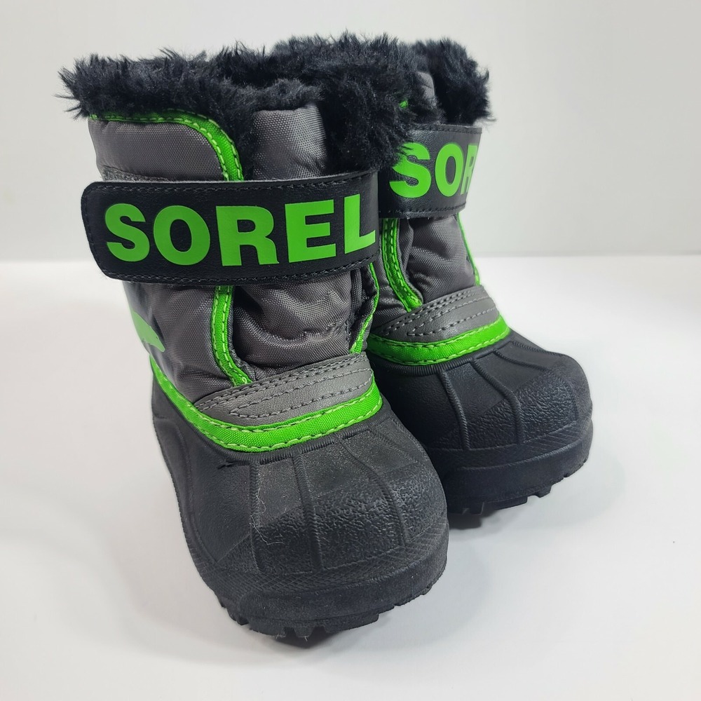 Sorel Boys Girls Snow Commander Winter Boots Size 4 Lime/ Black Charcoal NC1877